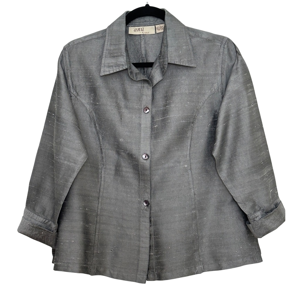 Vintage Pure Raw Silk Womens Top L Gray Shantung Classic Minimalist Quiet Luxury